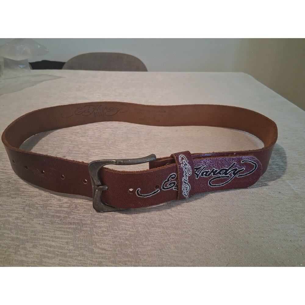 Vintage Ed Hardy Brown Leather Belt Embroidered Script Logo Y2K Size S EH1102